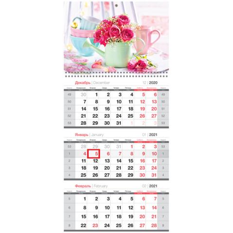 Календарь настенный квартальный OfficeSpace, 2021г, 3-блочный, на 1 гребне, с бегунком, Розовый букет