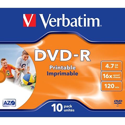 Записываемый DVD-диск DVD-R VERBATIM 4.7ГБ, 16x, 10шт/уп, Jewel Case, Printable, (43521), матовая поверхность