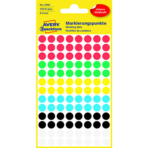 Этикетки самоклеящиеся AVERY-ZWECKFORM 3090, D=8мм, 104шт на листе, разноцветные, 4л/уп