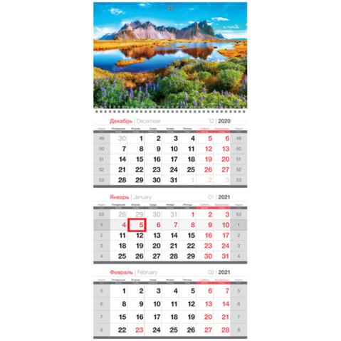Календарь настенный квартальный OfficeSpace, 2021г, 3-блочный, на 1 гребне, с бегунком, Горное озеро