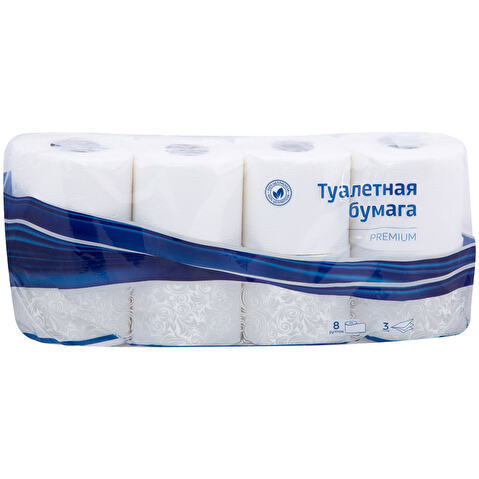 Бумага туалетная OfficeClean Premium, 3-слойная,  8рул/уп, тиснение, белая