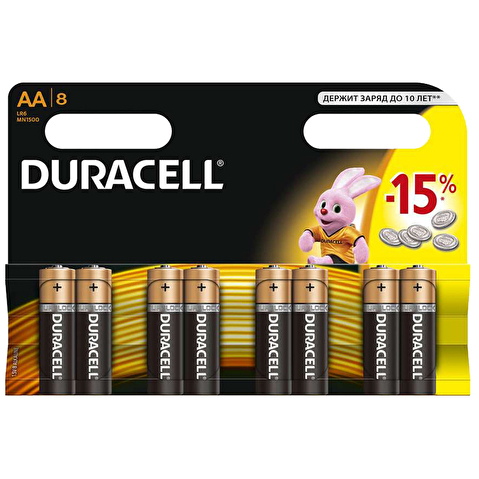 Батарейка DURACELL AA/LR6/MN1500, 1.5V, Basic, алкалиновая,  8шт/уп