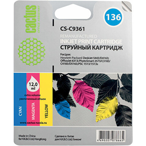 Картридж C9361(№136) для HP DJ 5443/D4163 PS2573/C3183, 12мл, Tri Color, CACTUS