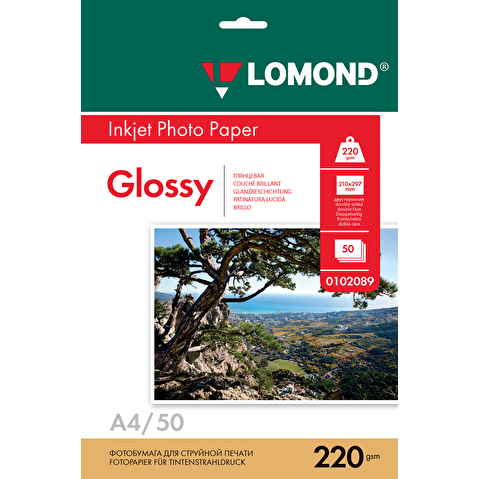 Фотобумага LOMOND А4, 220г/м2, глянцевая, двусторонняя, 50л (0102089)