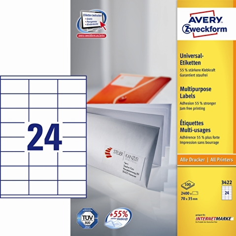 Этикетки самоклеящиеся AVERY-ZWECKFORM 3422, 70х35мм, 24шт на листе А4, 100л/уп