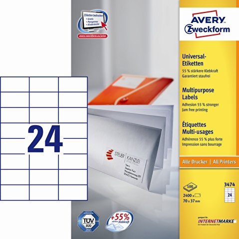 Этикетки самоклеящиеся AVERY-ZWECKFORM 3474,  70х37мм, 24шт на листе  А4, 100л/уп