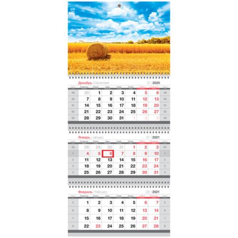 Календарь настенный квартальный OfficeSpace Mini premium, 2021г, 3-блочный, на 3 гребнях, с бегунком, Солнечное поле