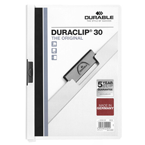Папка с клипом DURABLE Duraclip 2200-02, А4, пластик, до 30 листов, белая