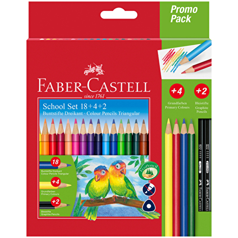 Набор цветных карандашей Faber-Castell, 18цв, корпус трехгранный, 4 цветных + 2 чернографитовых карандаша, в картонной коробке