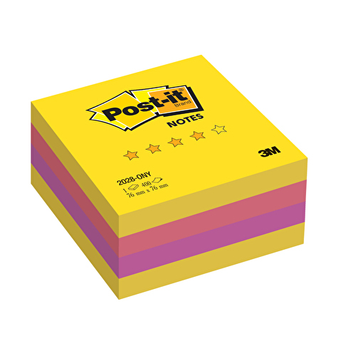 Самоклеящийся блок 3M Post-it Optima 2028-ONY, 76х76мм, 400л, "Лето", 3 цвета, желтая неоновая радуга
