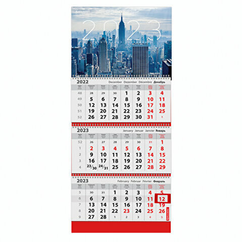 Календарь настенный квартальный BRAUBERG, 2023г, 3-блочный, на 3 спиралях, с бегунком, 295х800мм, NEW YORK