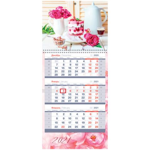Календарь настенный квартальный OfficeSpace Mini premium, 2021г, 3-блочный, на 1 гребне, с бегунком, Sweet flowers