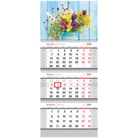 Календарь настенный квартальный OfficeSpace, 2021г, 3-блочный, на 3 гребнях, с бегунком, Полевые цветы