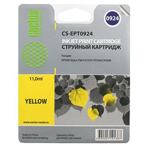 Картридж EPT0924 для Epson Stylus C91/CX4300/T26/T27/TX106, 11мл, Yellow, CACTUS