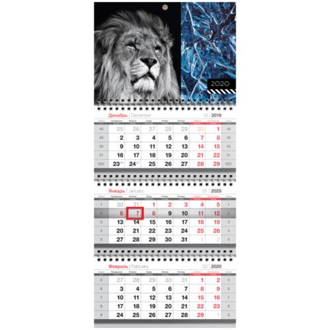 Календарь настенный квартальный OfficeSpace Mini, 2020г, 3-блочный, на 3 спиралях, с бегунком, Лев
