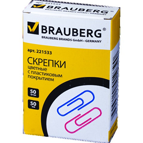 Канцелярские скрепки 50мм, цветные, BRAUBERG, 50шт/уп, в картонной коробке