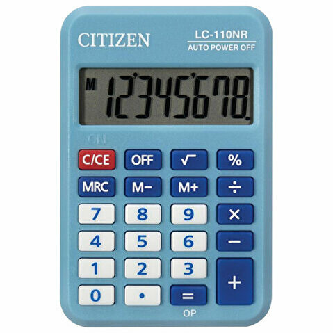 Калькулятор карманный 8 разрядов, CITIZEN LC-110NRBL, двойное питание, 89х59мм, СИНИЙ