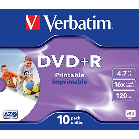 Записываемый DVD-диск DVD+R VERBATIM 4.7ГБ, 16x, 10шт/уп, Jewel Case, Printable, (43508)