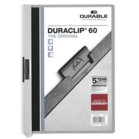 Папка с клипом DURABLE Duraclip 2209-10, А4, пластик, до 60 листов, серая