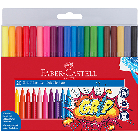 Фломастеры Faber-Castell ?Grip?, 20цв., трехгранные, смываемые, пластик.уп., европодвес