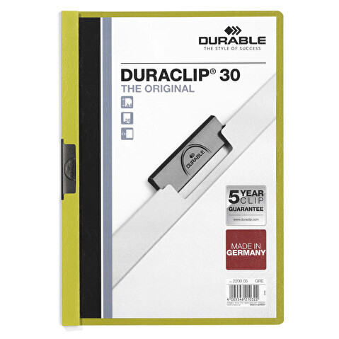 Папка с клипом DURABLE Duraclip 2200-05, А4, пластик, до 30 листов, зеленая