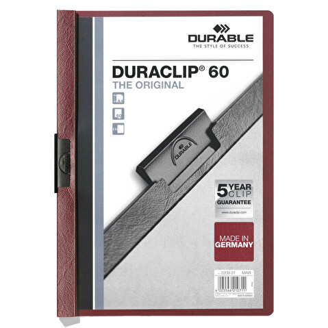Папка с клипом DURABLE Duraclip 2209-31, А4, пластик, до 60 листов, т.-красная