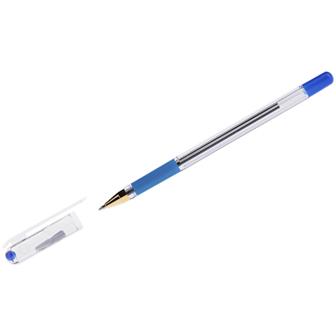 Ручка шариковая MUNHWA MC Gold BMC10-02, 0.7/1.0 мм, резиновый упор, прозрачный корпус, синяя