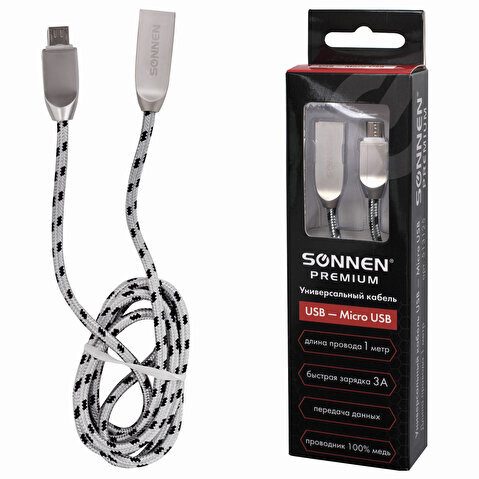 Кабель соединительный USB 2.0-micro USB, 1м, SONNEN Premium, медь, передача данных и быстрая зарядка, 513125