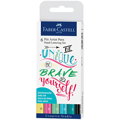 Набор ручек капиллярных Faber-Castell Pitt Artist Pen Lettering, 0.3мм/Brush, 6шт, цвета 104, 129, 154, 162, 156, 199, в футляре
