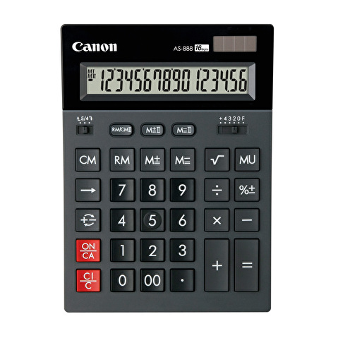 Калькулятор CANON AS-888 настольный 16 разр., расчет наценки, 2 ячейки памяти, наклонный дисплей, двойное питание, 192х140х32мм, черный