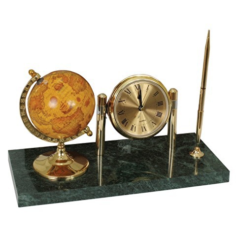 Часы на подставке из мрамора GALANT, зеленый мрамор, золотистая отделка, с глобусом и шариковой ручкой