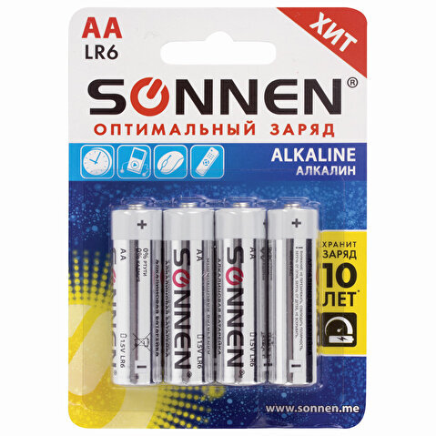 Батарейка SONNEN AA/LR6/1.5V, алкалиновая,  4шт/уп