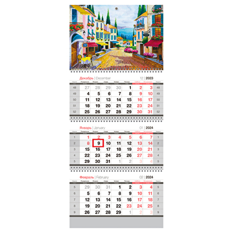 Календарь настенный квартальный OfficeSpace, 2024г, 3-блочный, на 3 спиралях, с бегунком, 295х660мм, Средиземноморье
