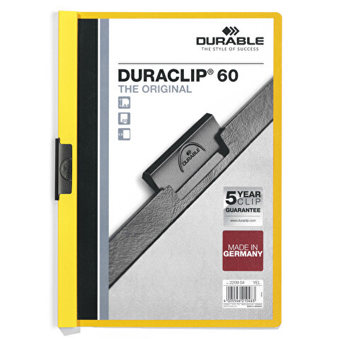 Папка с клипом DURABLE Duraclip 2209-04, А4, пластик, до 60 листов, желтая