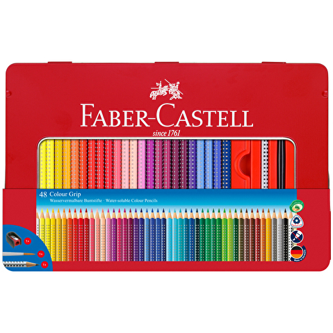 Набор цветных карандашей Faber-Castell Grip, 48цв, корпус трехгранный, 1 чернографитовый карандаш, точилка, кисть, в металлической коробке