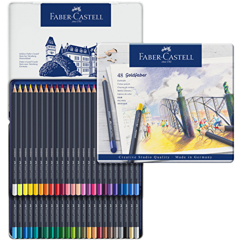 Набор цветных карандашей Faber-Castell Goldfaber, 48цв, корпус круглый, в металлической коробке Набор цветных карандашей Faber-Castell Goldfaber, 48цв, корпус круглый, в металлической коробке