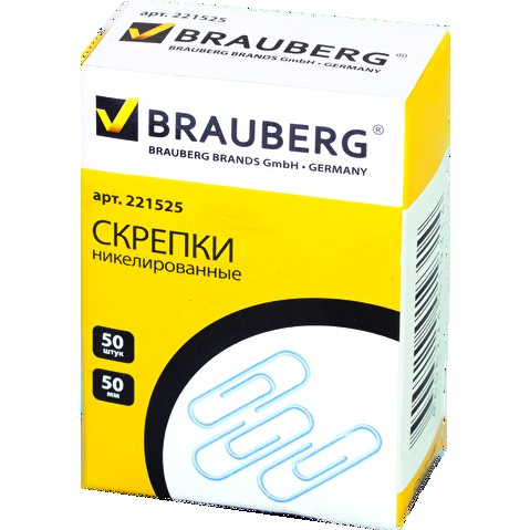 Канцелярские скрепки 50мм, никелированные, BRAUBERG, 50шт/уп, в картонной коробке