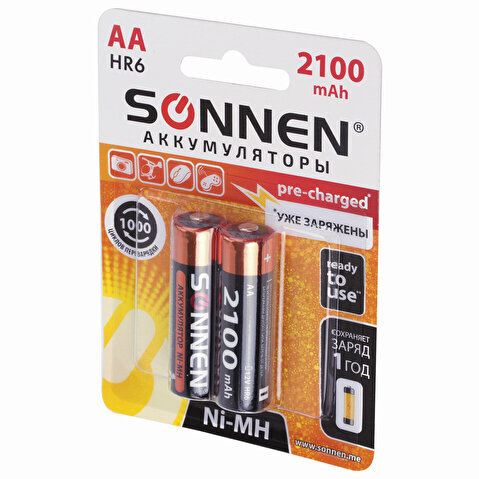 Аккумулятор SONNEN АА (HR6), 2100mAh, Ni-Mh, в блистере, 2шт/уп