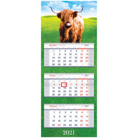 Календарь настенный квартальный OfficeSpace Premium, 2021г, 3-блочный, на 3 гребнях, с бегунком, Символ года