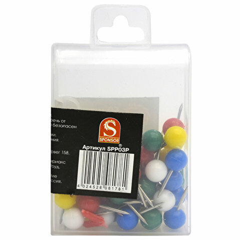 Кнопки-гвоздики силовые SPONSOR цветные, 50шт/уп, шарообразная головка, в картонной коробке