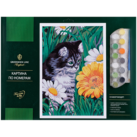 Картина-раскраска по номерам Greenwich Line "Котик в цветах" A3, с акриловыми красками, картон