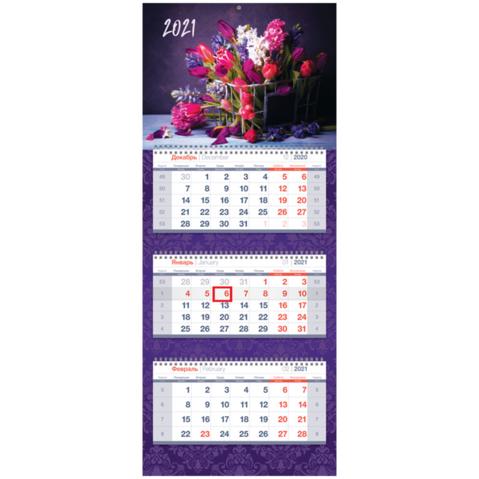 Календарь настенный квартальный OfficeSpace Premium, 2021г, 3-блочный, на 3 гребнях, с бегунком, Яркий букет