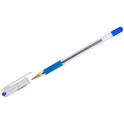 Ручка шариковая MUNHWA MC Gold BMC07-02, 0.5/0.7 мм, резиновый упор, прозрачный корпус, синяя