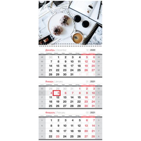 Календарь настенный квартальный OfficeSpace, 2021г, 3-блочный, на 1 гребне, с бегунком, Coffee break