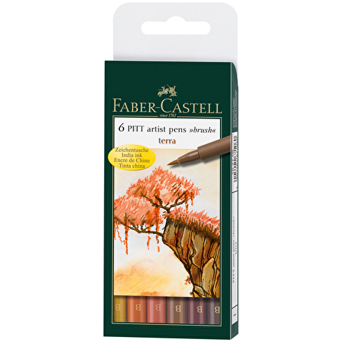 Набор ручек капиллярных кистевых Faber-Castell Pitt Artist Pen Brush Terra, 6шт, цвета 108, 186, 189, 180, 169, 177, в футляре