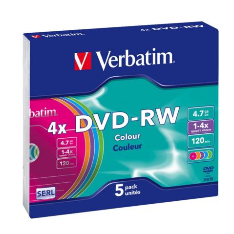 Перезаписываемый DVD-диск DVD-RW VERBATIM 4.7ГБ, 4x,  5шт/уп, Slim Case, Color, (43563)