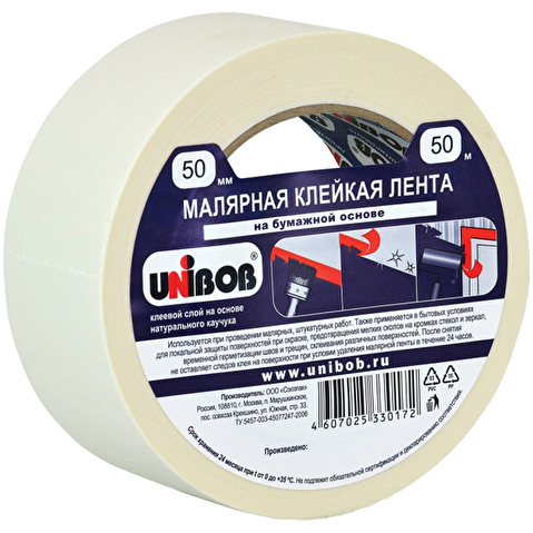 Лента клейкая бумажная (малярная) UNIBOB  50мм х 50м