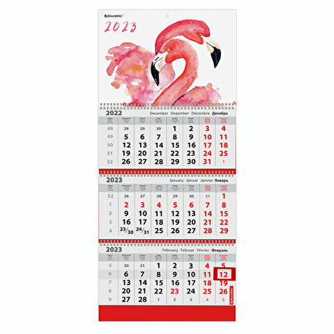 Календарь настенный квартальный BRAUBERG, 2023г, 3-блочный, на 3 спиралях, с бегунком, 295х800мм, FLAMINGO