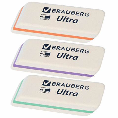 Ластик BRAUBERG Ultra, 50х14х8мм, прямоугольный, натуральный каучук, белый с цветной полосой