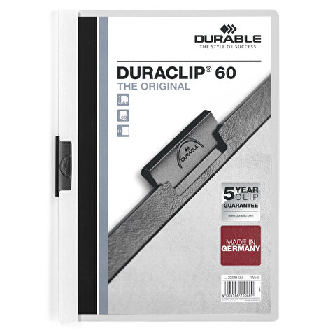 Папка с клипом DURABLE Duraclip 2209-02, А4, пластик, до 60 листов, белая